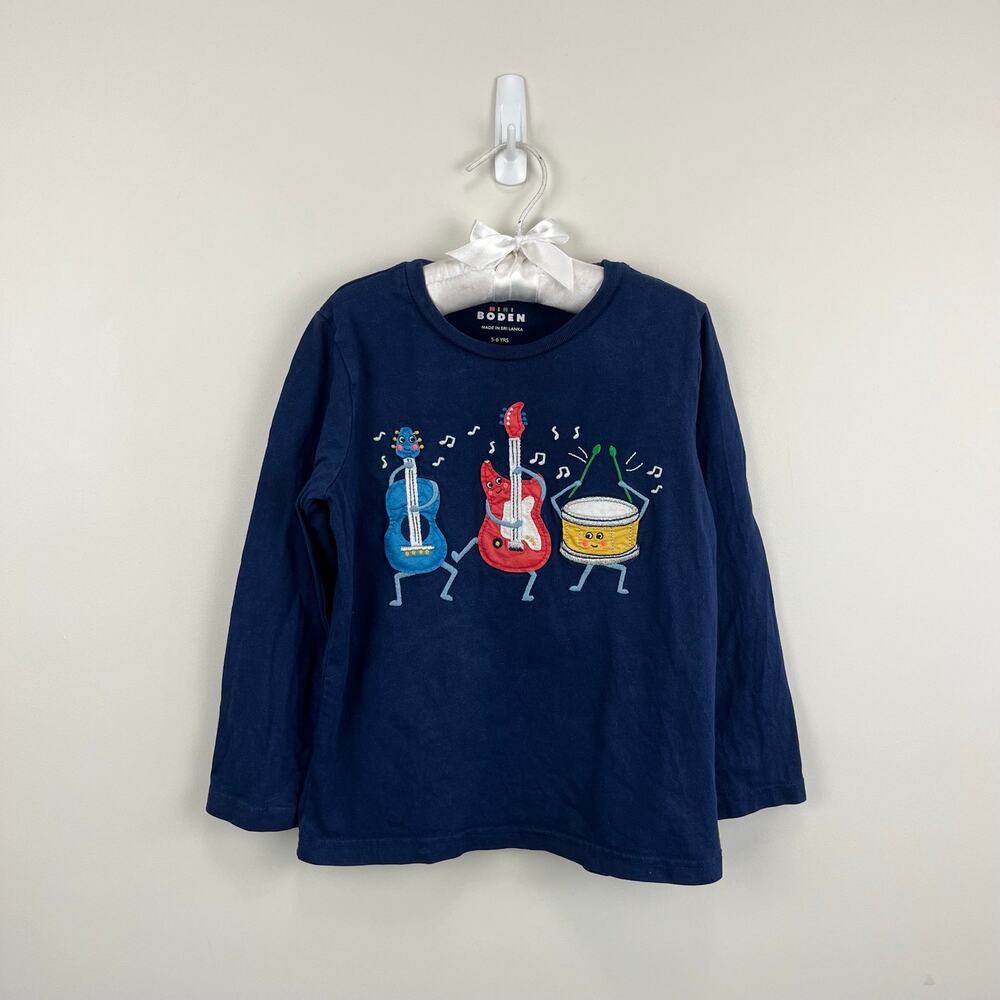 Mini Boden Long Sleeve Applique T-Shirt Navy Instruments 5-6